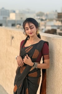 Charcoal Black Banarasi Soft Silk Saree with Copper Zari Motifs and Woven Copper Border  in Surat