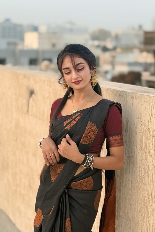 Charcoal Black Banarasi Soft Silk Saree with Copper Zari Motifs and Woven Copper Border  in Surat