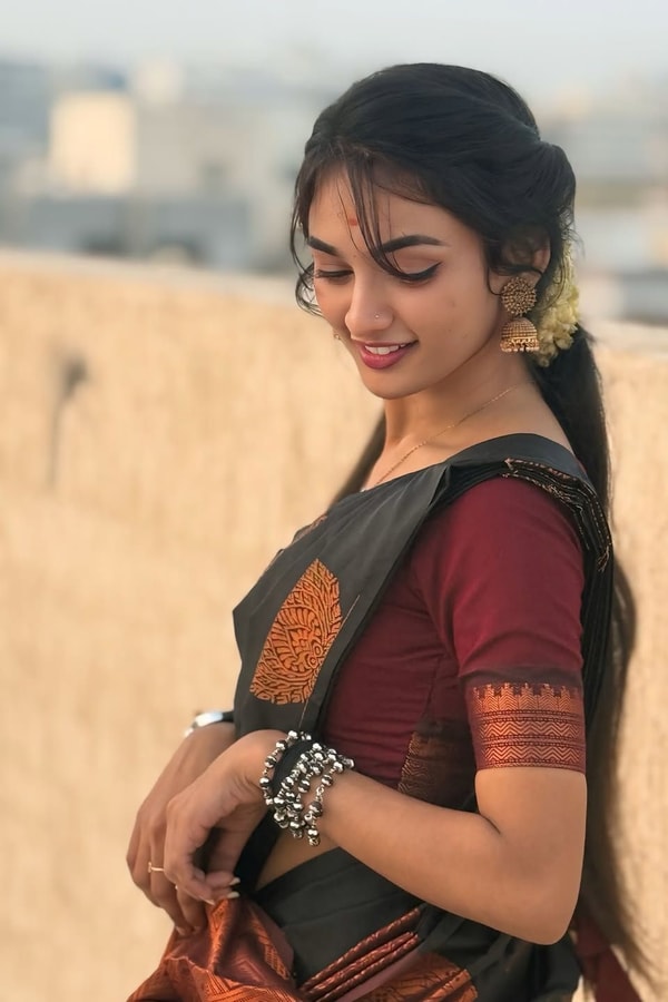 Charcoal Black Banarasi Soft Silk Saree with Copper Zari Motifs and Woven Copper Border  in Surat