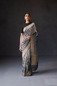 Charcoal Black Shikargah Banarasi Soft Silk Saree with Animal and Tree Weave and Zari Border  in Surat