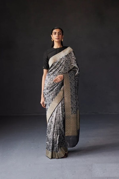 Charcoal Black Shikargah Banarasi Soft Silk Saree with Animal and Tree Weave and Zari Border in Surat