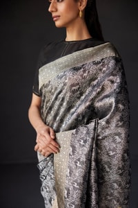 Charcoal Black Shikargah Banarasi Soft Silk Saree with Animal and Tree Weave and Zari Border  in Surat