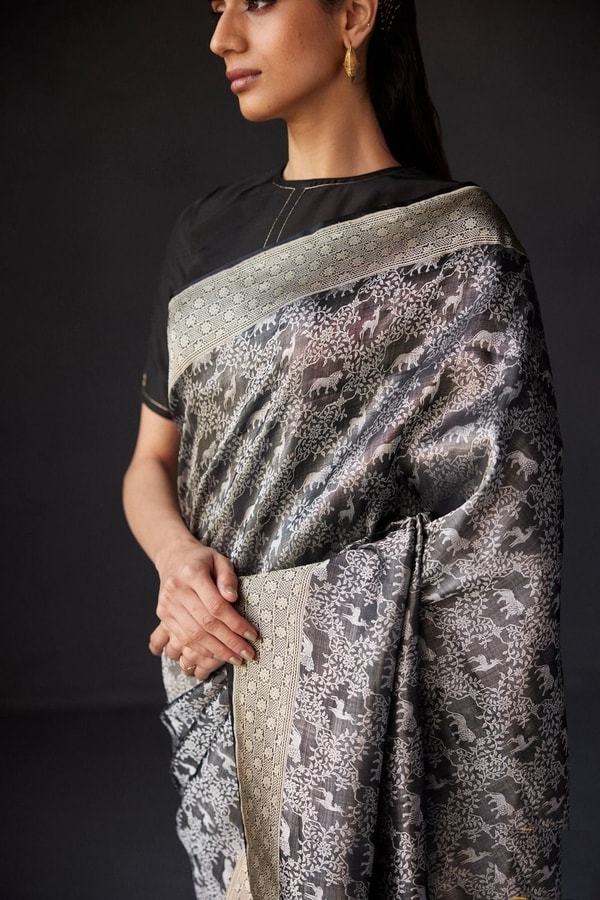 Charcoal Black Shikargah Banarasi Soft Silk Saree with Animal and Tree Weave and Zari Border  in Surat