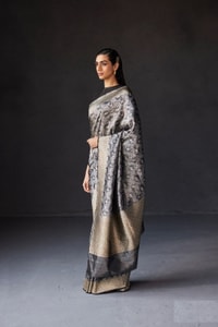 Charcoal Black Shikargah Banarasi Soft Silk Saree with Animal and Tree Weave and Zari Border  in Surat