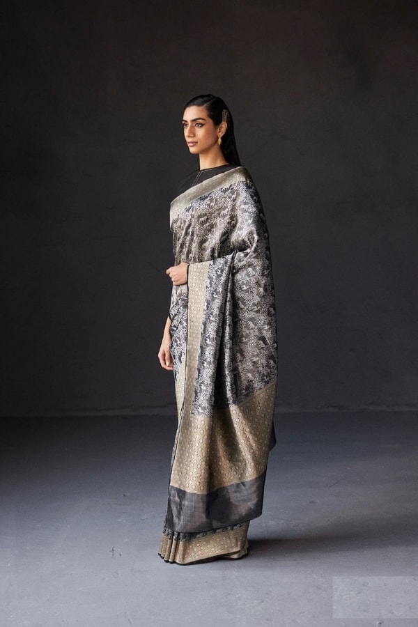 Charcoal Black Shikargah Banarasi Soft Silk Saree with Animal and Tree Weave and Zari Border  in Surat