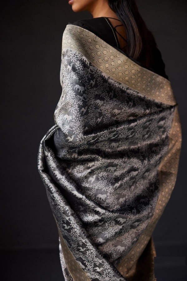 Charcoal Black Shikargah Banarasi Soft Silk Saree with Animal and Tree Weave and Zari Border  in Surat