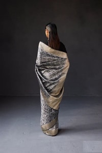 Charcoal Black Shikargah Banarasi Soft Silk Saree with Animal and Tree Weave and Zari Border  in Surat