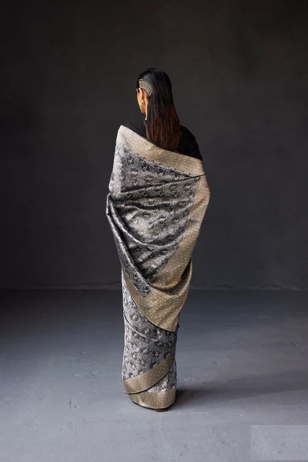 Charcoal Black Shikargah Banarasi Soft Silk Saree with Animal and Tree Weave and Zari Border  in Surat