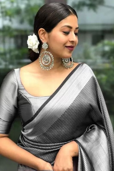 Charcoal Grey Banarasi Soft Silk Saree with Silver Zari Geometric Weave in Surat