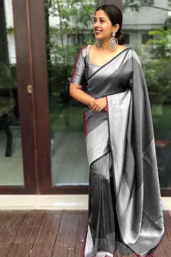 Charcoal Grey Banarasi Soft Silk Saree with Silver Zari Geometric Weave  in Surat