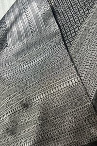 Charcoal Grey Banarasi Soft Silk Saree with Silver Zari Geometric Weave  in Surat