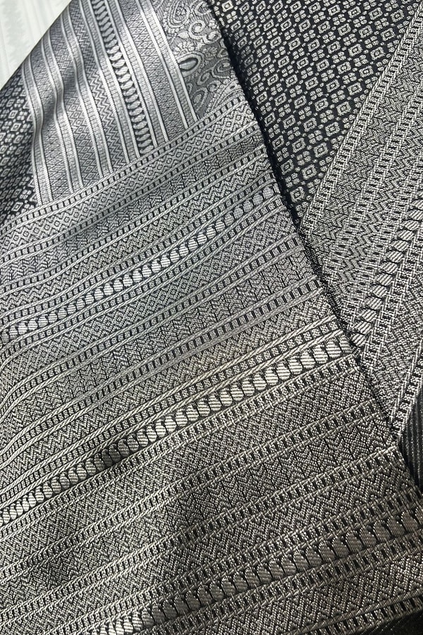 Charcoal Grey Banarasi Soft Silk Saree with Silver Zari Geometric Weave  in Surat