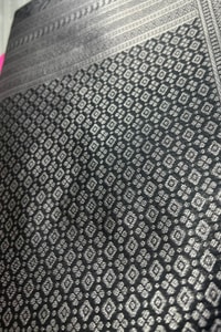 Charcoal Grey Banarasi Soft Silk Saree with Silver Zari Geometric Weave  in Surat