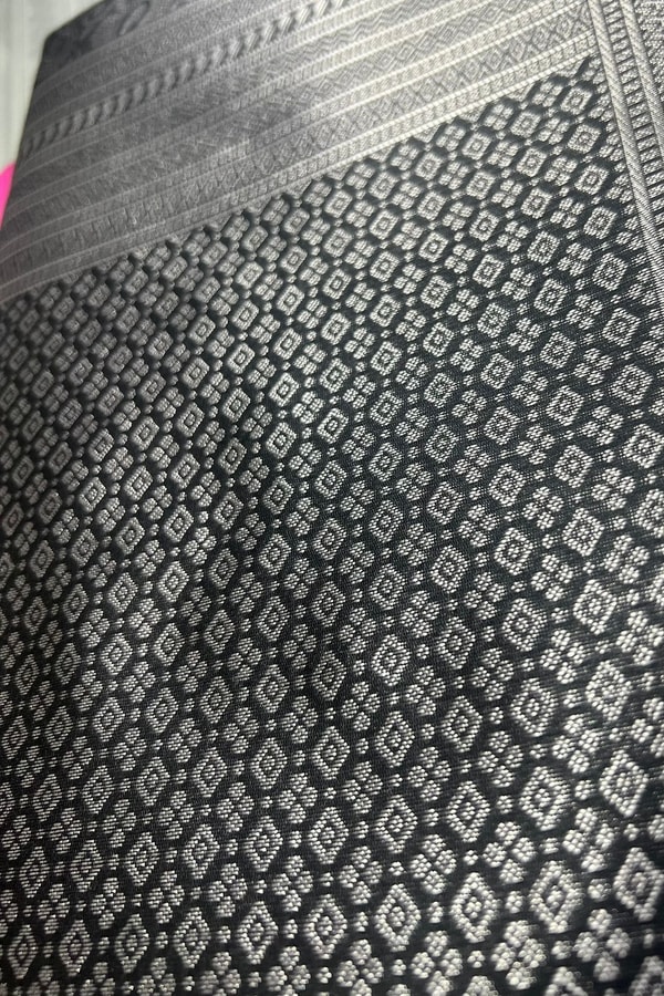 Charcoal Grey Banarasi Soft Silk Saree with Silver Zari Geometric Weave  in Surat