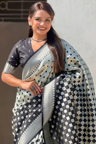 Checkerboard Silver Zari Banarasi Soft Silk Saree with Woven Pallu in Eight Bright Shades in Surat