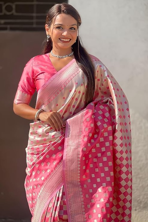 Checkerboard Silver Zari Banarasi Soft Silk Saree with Woven Pallu in Eight Bright Shades  in Surat