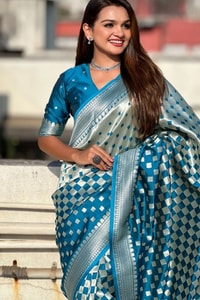Checkerboard Silver Zari Banarasi Soft Silk Saree with Woven Pallu in Eight Bright Shades  in Surat
