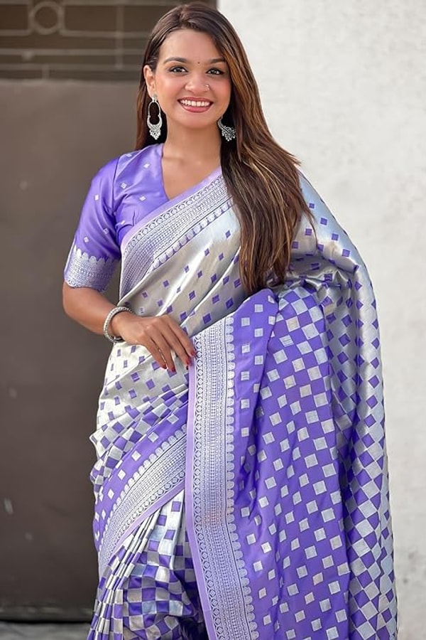 Checkerboard Silver Zari Banarasi Soft Silk Saree with Woven Pallu in Eight Bright Shades  in Surat