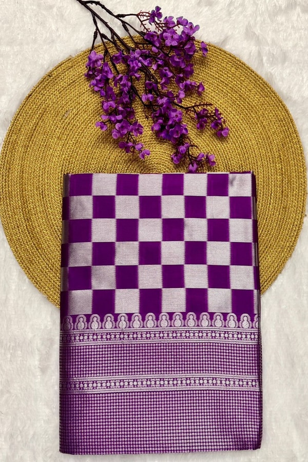 Checkerboard Silver Zari Banarasi Soft Silk Saree with Woven Pallu in Eight Bright Shades  in Surat