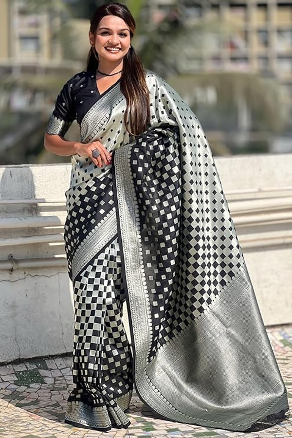 Checkerboard Silver Zari Banarasi Soft Silk Saree with Woven Pallu in Eight Bright Shades  in Surat