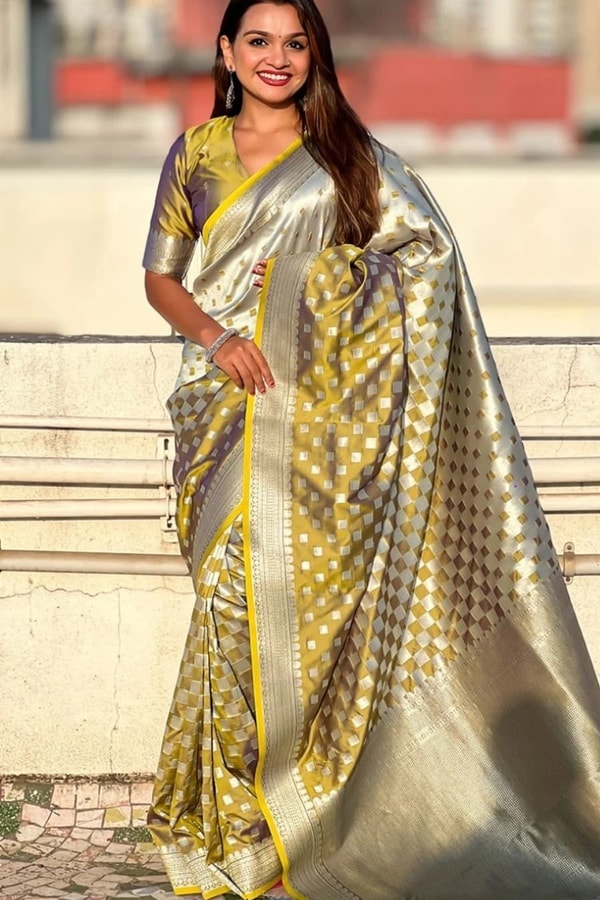 Checkerboard Silver Zari Banarasi Soft Silk Saree with Woven Pallu in Eight Bright Shades  in Surat