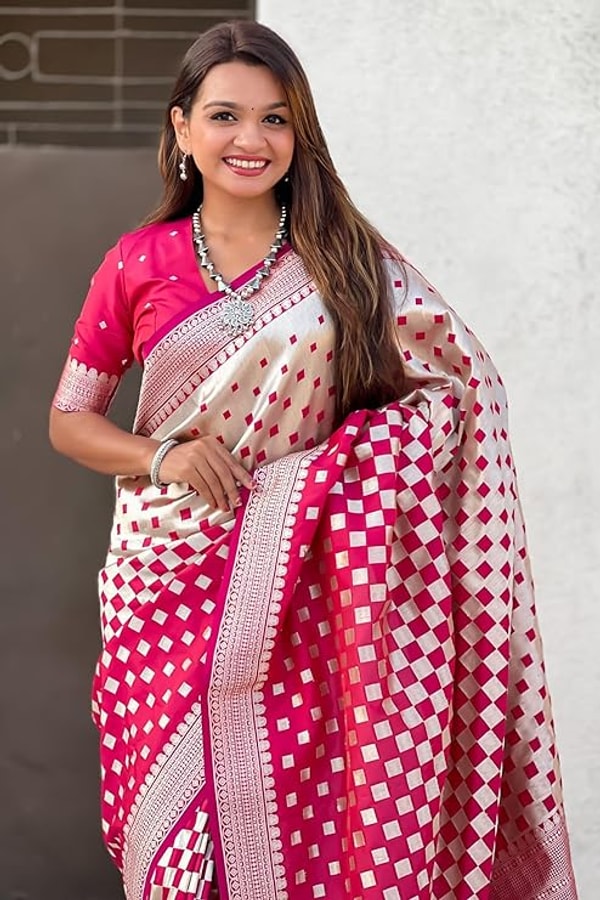Checkerboard Silver Zari Banarasi Soft Silk Saree with Woven Pallu in Eight Bright Shades  in Surat