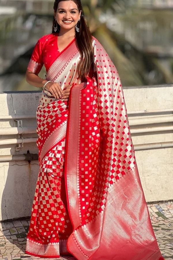 Checkerboard Silver Zari Banarasi Soft Silk Saree with Woven Pallu in Eight Bright Shades  in Surat