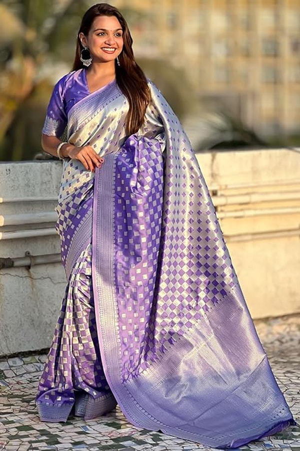 Checkerboard Silver Zari Banarasi Soft Silk Saree with Woven Pallu in Eight Bright Shades  in Surat