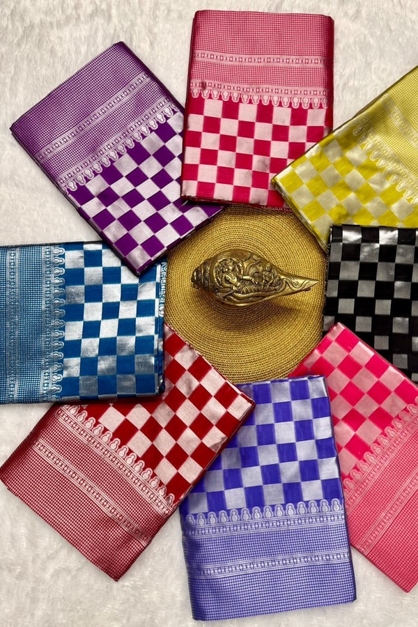 Checkerboard Silver Zari Banarasi Soft Silk Saree with Woven Pallu in Eight Bright Shades  in Surat