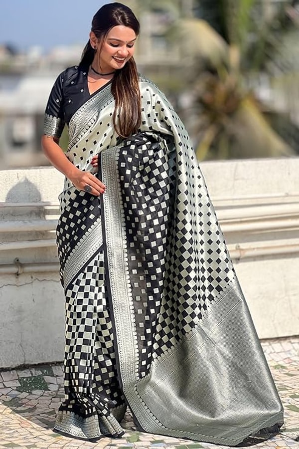 Checkerboard Silver Zari Banarasi Soft Silk Saree with Woven Pallu in Eight Bright Shades  in Surat