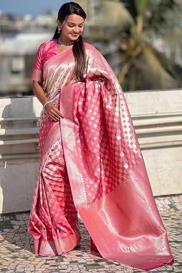 Checkerboard Silver Zari Banarasi Soft Silk Saree with Woven Pallu in Eight Bright Shades  in Surat