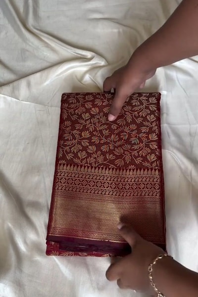 Cherry Red Banarasi Soft Silk Saree with Gold Zari Floral Jaal and Soft Pink Pallu Edge in Surat