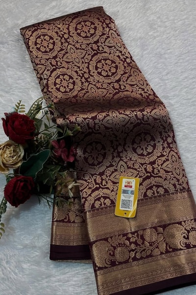 Chocolate Brown Banarasi Soft Silk Saree with Beige Zari Medallion Brocade and Woven Border in Surat
