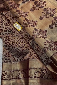 Chocolate Brown Banarasi Soft Silk Saree with Beige Zari Medallion Brocade and Woven Border  in Surat