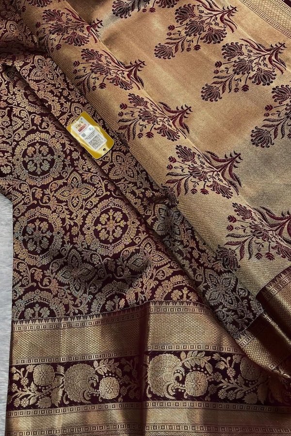 Chocolate Brown Banarasi Soft Silk Saree with Beige Zari Medallion Brocade and Woven Border  in Surat