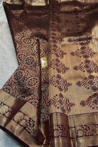 Chocolate Brown Banarasi Soft Silk Saree with Beige Zari Medallion Brocade and Woven Border  in Surat
