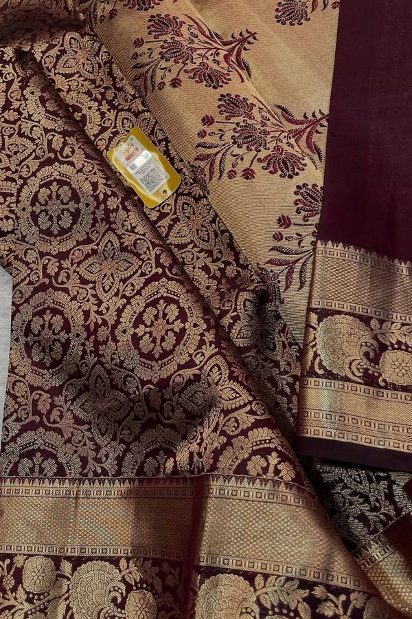 Chocolate Brown Banarasi Soft Silk Saree with Beige Zari Medallion Brocade and Woven Border  in Surat
