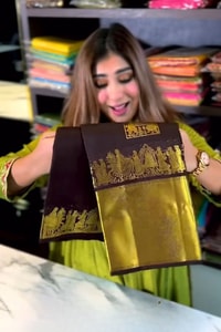 Chocolate Brown Banarasi Soft Silk Saree with Gold Square Buttas and Temple Chariot Motif Pallu  in Surat