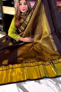 Chocolate Brown Banarasi Soft Silk Saree with Gold Square Buttas and Temple Chariot Motif Pallu  in Surat