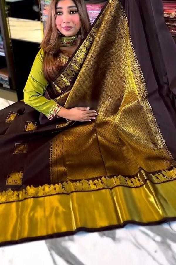 Chocolate Brown Banarasi Soft Silk Saree with Gold Square Buttas and Temple Chariot Motif Pallu  in Surat