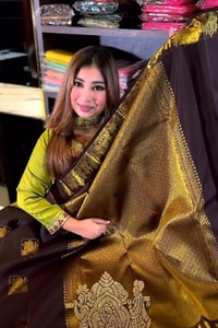 Chocolate Brown Banarasi Soft Silk Saree with Gold Square Buttas and Temple Chariot Motif Pallu  in Surat