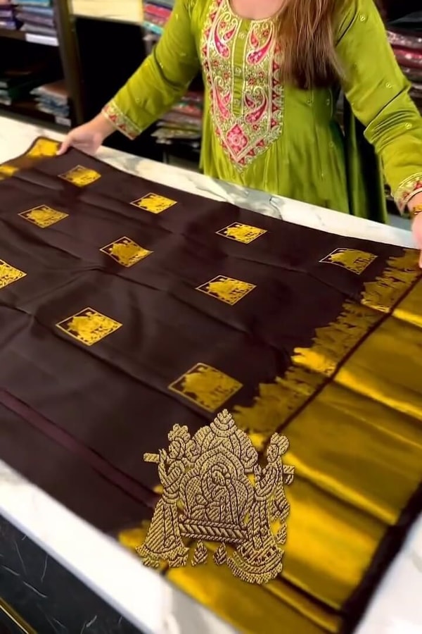 Chocolate Brown Banarasi Soft Silk Saree with Gold Square Buttas and Temple Chariot Motif Pallu  in Surat