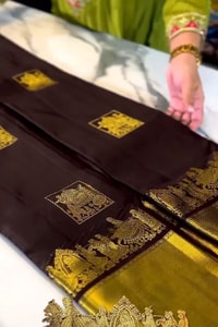 Chocolate Brown Banarasi Soft Silk Saree with Gold Square Buttas and Temple Chariot Motif Pallu  in Surat
