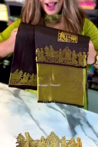Chocolate Brown Banarasi Soft Silk Saree with Gold Square Buttas and Temple Chariot Motif Pallu  in Surat video 1