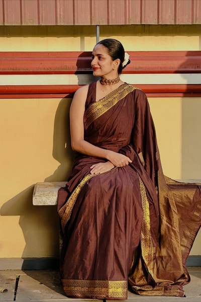Chocolate Brown Banarasi Soft Silk Saree with Plain Body and Wide Gold Zari Border in Surat