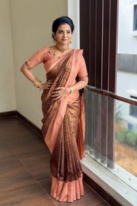 Chocolate Brown Checks Banarasi Soft Silk Saree with Peach Border and Peach Zari Pallu  in Surat