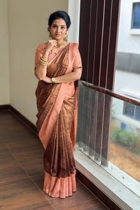 Chocolate Brown Checks Banarasi Soft Silk Saree with Peach Border and Peach Zari Pallu  in Surat