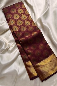 Chocolate Maroon Banarasi Soft Silk Saree with All-Over Gold Leaf Buttas and Zari Pallu  in Surat