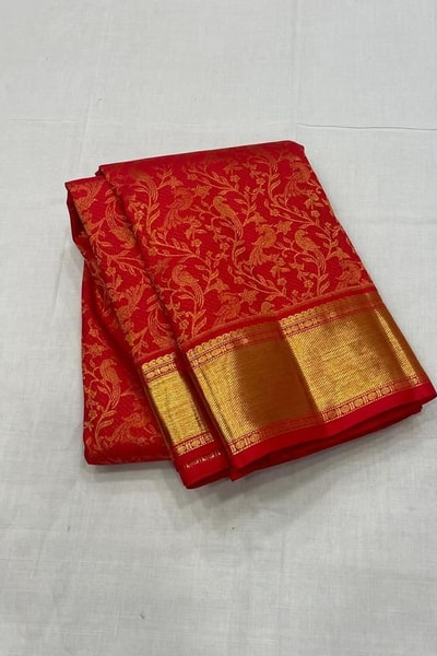 Classic Red Banarasi Soft Silk Saree with Jacquard Zari Creeper Weave and Gold Border in Surat