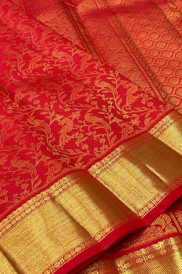 Classic Red Banarasi Soft Silk Saree with Jacquard Zari Creeper Weave and Gold Border  in Surat